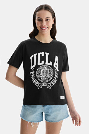 AVALON Siyah Bisiklet Yaka Baskılı Oversize  Kadın Tshirt