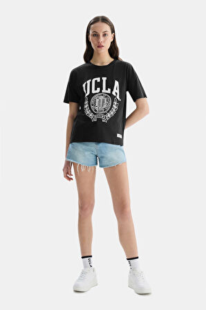 AVALON Siyah Bisiklet Yaka Baskılı Oversize  Kadın Tshirt