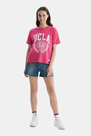 AVALON Pembe Bisiklet Yaka Baskılı Oversize  Kadın Tshirt