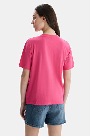 AVALON Pembe Bisiklet Yaka Baskılı Oversize  Kadın Tshirt