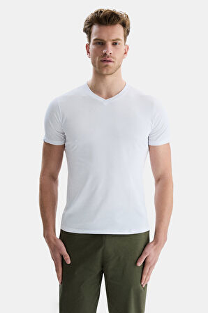 VANNESS Beyaz V Yaka Yaka Tshirt Düz Erkek Tshirt