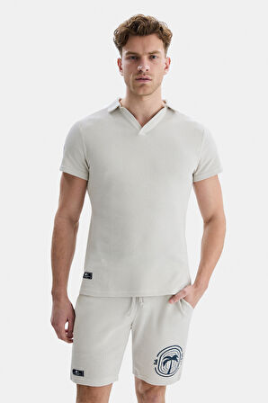 RUSSEL Bej Polo Yaka baskılı Erkek Tshirt