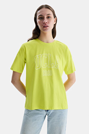 SANCHEZ Sarı Bisiklet Yaka Baskılı Standard Fit Kadın Tshirt