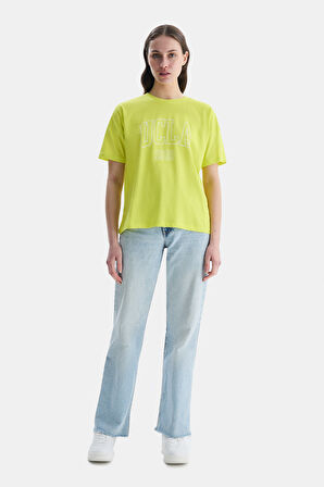 SANCHEZ Sarı Bisiklet Yaka Baskılı Standard Fit Kadın Tshirt