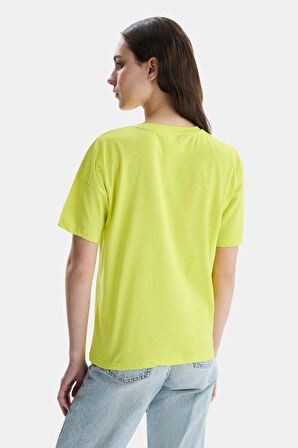 SANCHEZ Sarı Bisiklet Yaka Baskılı Standard Fit Kadın Tshirt
