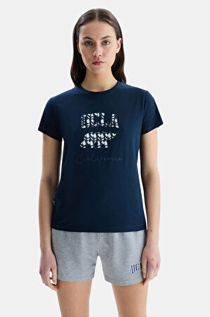 ALLISON Lacivert Bisiklet Yaka Baskılı Kadın Tshirt