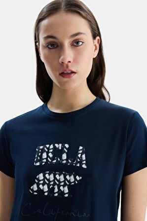 ALLISON Lacivert Bisiklet Yaka Baskılı Kadın Tshirt