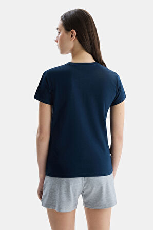 ALLISON Lacivert Bisiklet Yaka Baskılı Kadın Tshirt