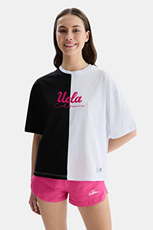 FELIZ Siyah Bisiklet Yaka Nakışlı Kadın Tshirt