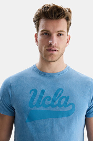 MARGAN Mavi Bisiklet Yaka Baskılı Erkek Tshirt