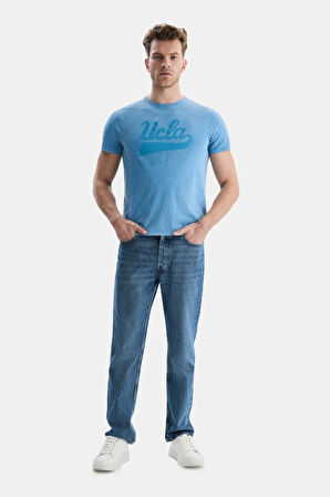 MARGAN Mavi Bisiklet Yaka Baskılı Erkek Tshirt