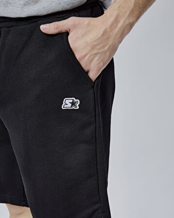 ASHER Siyah Yırtmaçlı Patchli Rahat Kalıp Erkek Örme Şort