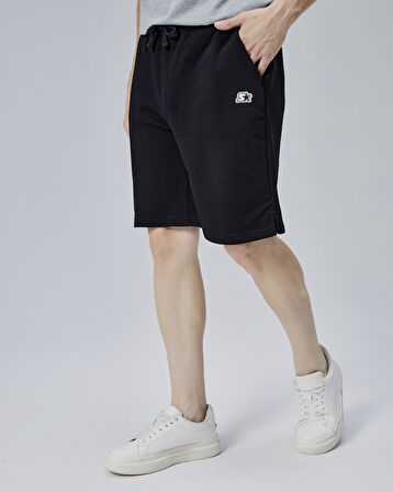 ASHER Siyah Yırtmaçlı Patchli Rahat Kalıp Erkek Örme Şort