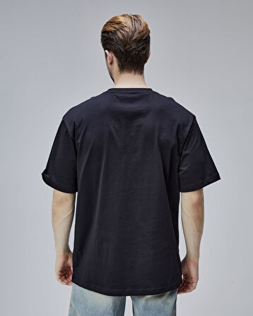 BURNLEY Siyah Bisiklet Yaka Baskılı Oversize Erkek Tshirt