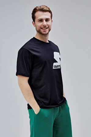 MAHONE Siyah Bisiklet Yaka Baskılı Oversize  Erkek Tshirt