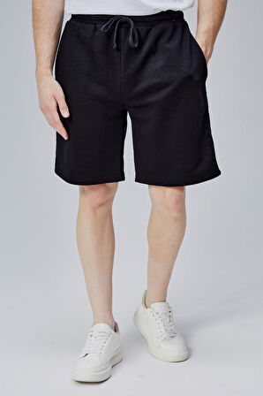 MONUMENT Siyah Örme Sort Şeritli Rahat Kalıp Erkek Örme Şort