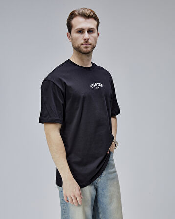 DYMOND Siyah Bisiklet Yaka Baskılı Oversize  Erkek Tshirt