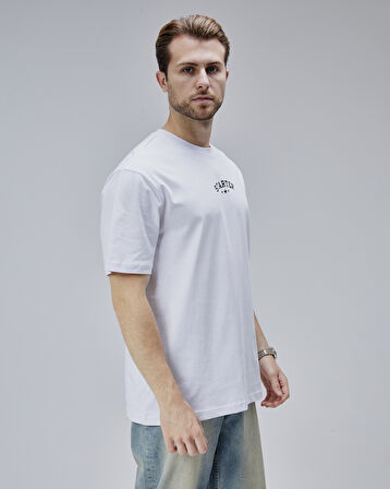 DYMOND Beyaz Bisiklet Yaka Baskılı Oversize  Erkek Tshirt