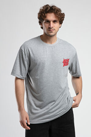 BRYANT Gri Bisiklet Yaka Baskılı Oversize Erkek Tshirt