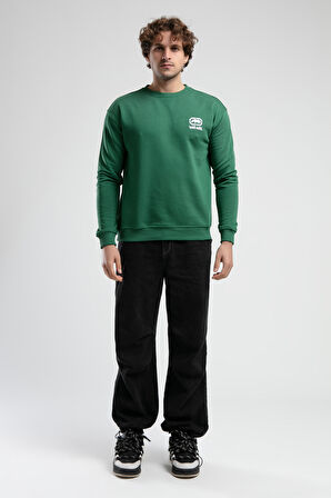 EASTSIDE Yeşil Bisiklet Yaka Nakışlı Loose Fit Erkek Sweatshirt