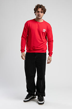 EASTSIDE Kırmızı Bisiklet Yaka Nakışlı Loose Fit Erkek Sweatshirt