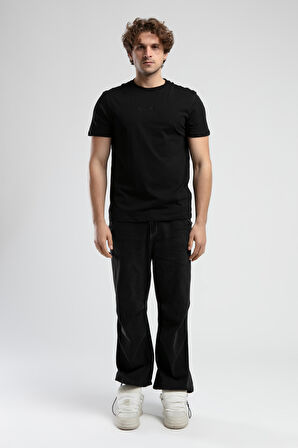 EMPIRE Siyah Bisiklet Yaka Nakışlı Standard Fit Erkek Tshirt