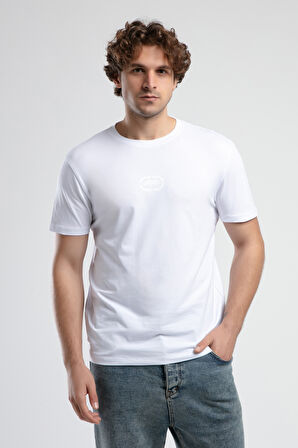 JOHNSON Beyaz Bisiklet Yaka Baskılı Standard Fit Erkek Tshirt