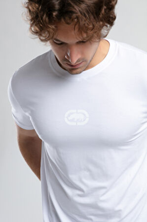JOHNSON Beyaz Bisiklet Yaka Baskılı Standard Fit Erkek Tshirt