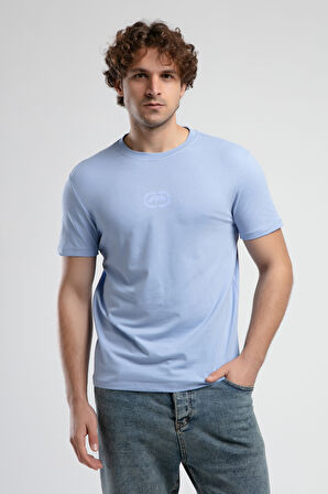 JOHNSON Mavi Bisiklet Yaka Baskılı Standard Fit Erkek Tshirt