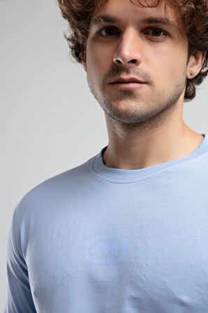 JOHNSON Mavi Bisiklet Yaka Baskılı Standard Fit Erkek Tshirt