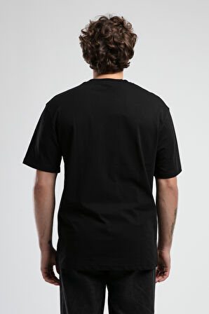 KINGSTON Siyah Bisiklet Yaka Baskılı Oversize Erkek Tshirt