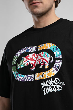 KINGSTON Siyah Bisiklet Yaka Baskılı Oversize Erkek Tshirt