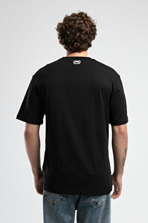 MONSEY Siyah Bisiklet Yaka Baskılı Oversize Erkek Tshirt