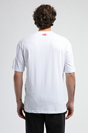 OCULUS Beyaz Bisiklet Yaka Baskılı Oversize Erkek Tshirt