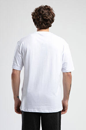 ROCKEFELLA Beyaz Bisiklet Yaka Baskılı Oversize Erkek Tshirt
