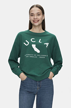 ALAMEDA Yeşil Bisiklet Yaka Baskılı Oversize  Kadın Sweatshirt