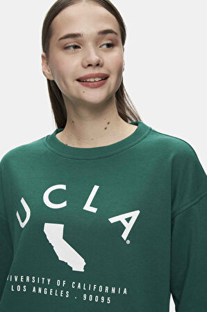 ALAMEDA Yeşil Bisiklet Yaka Baskılı Oversize  Kadın Sweatshirt