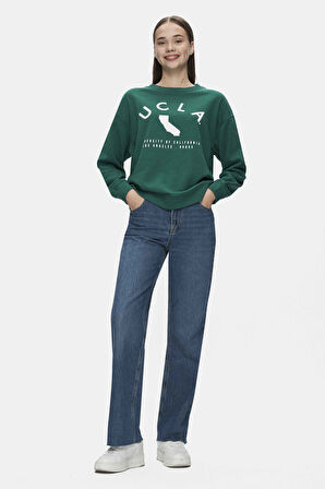 ALAMEDA Yeşil Bisiklet Yaka Baskılı Oversize  Kadın Sweatshirt