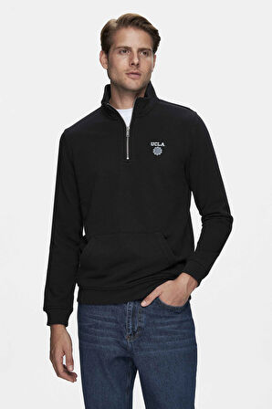 LEON Siyah Yarım Fermuar Nakışlı Standard Fit Erkek Sweatshirt