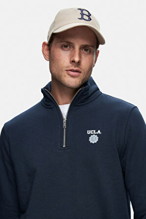 LEON Lacivert Yarım Fermuar Nakışlı Standard Fit Erkek Sweatshirt