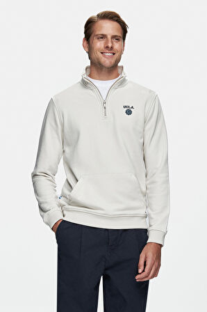 LEON Bej Yarım Fermuar Nakışlı Standard Fit Erkek Sweatshirt