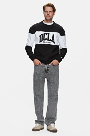 ARCHER Siyah Bisiklet Yaka Nakışlı Loose Fit Erkek Sweatshirt