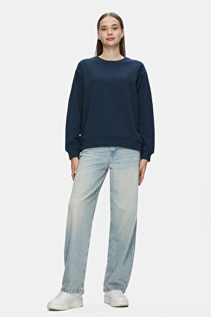 SUNNIVA Lacivert Bisiklet Yaka Nakışlı Loose Fit Kadın Sweatshirt