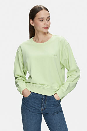 SUNNIVA Yeşil Bisiklet Yaka Nakışlı Loose Fit Kadın Sweatshirt