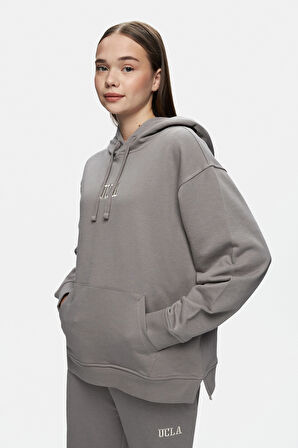 JESS Gri Kapüşonlu Nakışlı Oversize Kadın Sweatshirt