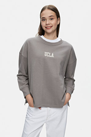 OLVERA Gri Bisiklet Yaka Nakışlı Loose Fit Kadın Sweatshirt