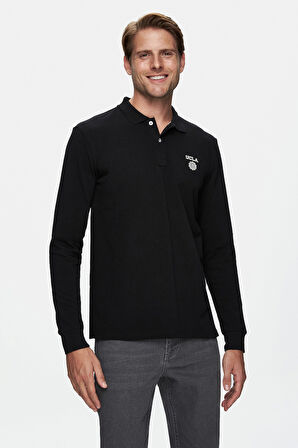 MAXWELL Siyah Polo Yaka Baskılı Standard Fit Erkek Sweatshirt