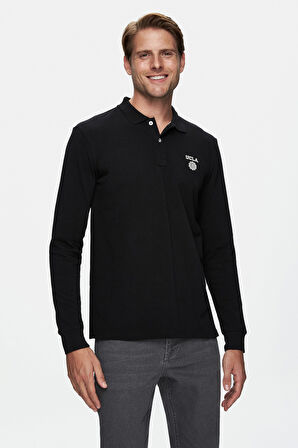 MAXWELL Siyah Polo Yaka Baskılı Standard Fit Erkek Sweatshirt