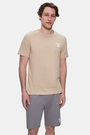 BASS Açık Kahve Bisiklet Yaka Baskılı Standard Fit Erkek Tshirt