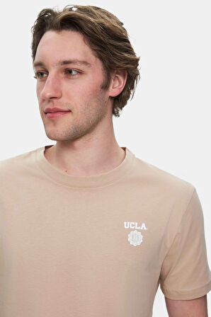 BASS Açık Kahve Bisiklet Yaka Baskılı Standard Fit Erkek Tshirt